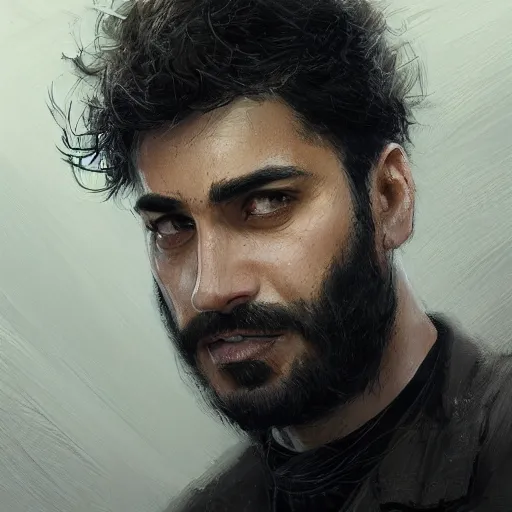 Image similar to Portrait of a man by Greg Rutkowski, he is about 30 years old, mixture between persian, indian and texan, wide forehead, short black hair, manly, attractive, strong and burly, he is wearing a utilitarian beige and black jumpsuit, highly detailed portrait, scifi, digital painting, artstation, concept art, smooth, sharp foccus ilustration, Artstation HQ