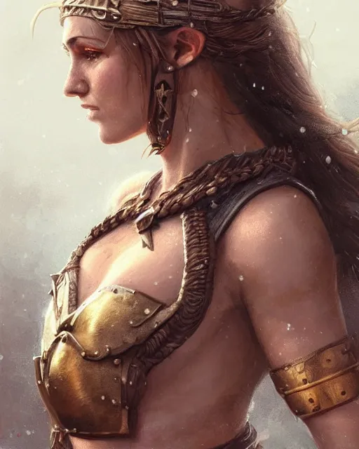 Prompt: A beautiful viking female warrior posing on a boat, bikini, perfect face, beautiful face, highly detailed face, close-up, fantasy woman, fantasy art, in the style of greg rutkowski, illustration, epic, fantasy, intricate, hyper detailed, artstation, concept art, smooth, sharp focus, ray tracing, profile shot