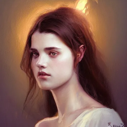 Image similar to portrait of a welsh teenage girl with brown hair, glowing skin, delicate features, amelie poulain, fantasy, intricate, elegant, dress shirt, highly detailed, digital painting, artstation, concept art, smooth, sharp focus, illustration, art by Krenz Cushart and Artem Demura and alphonse mucha