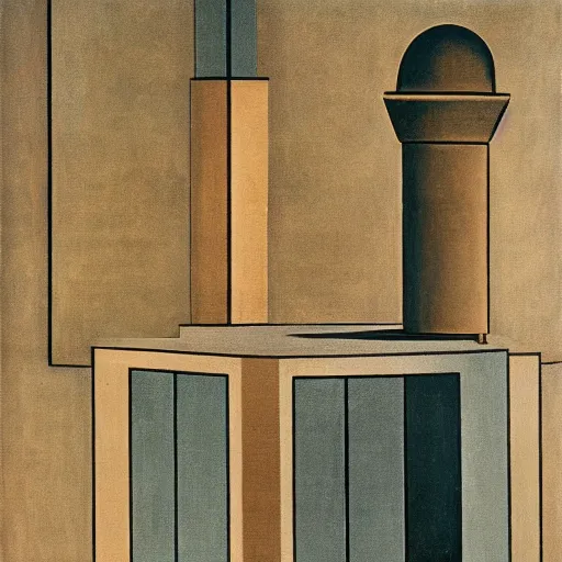 Prompt: a painting by giorgio de chirico and tadao ando of an abstract complex sculpture by the caretaker