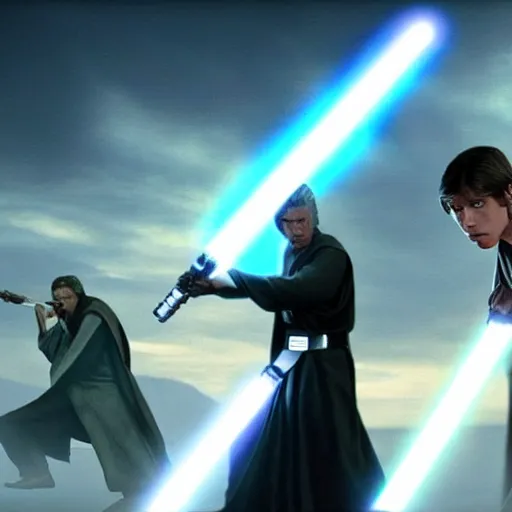 Prompt: a screen shoot of a star wars movie depicting a jedi versus sith fighting