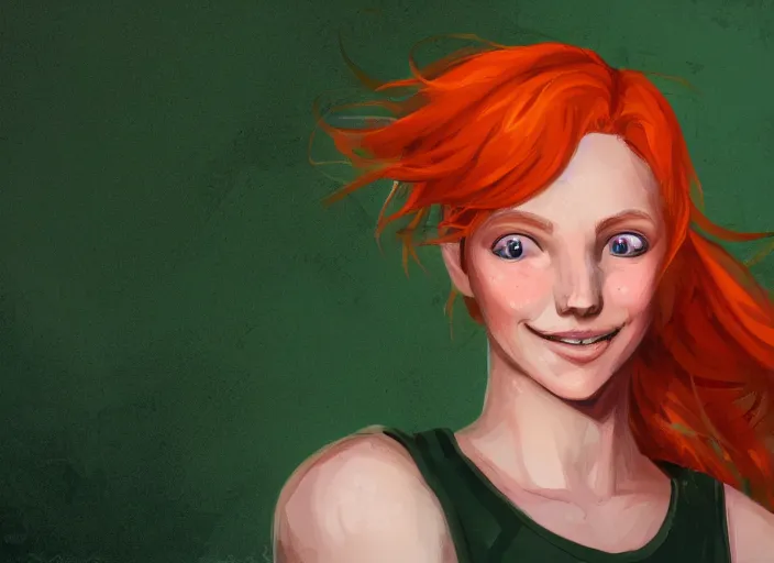 Image similar to portrait of a beautiful smiling girl with orange hair and freckles, green eyes, style by Gretel Lusky, artstation, concept art, background is purple