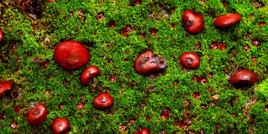 Prompt: extraterrestrial moss with some tiny red mushrooms, fog, dew, realistic, highly detailed, macro photography, trending on artstation