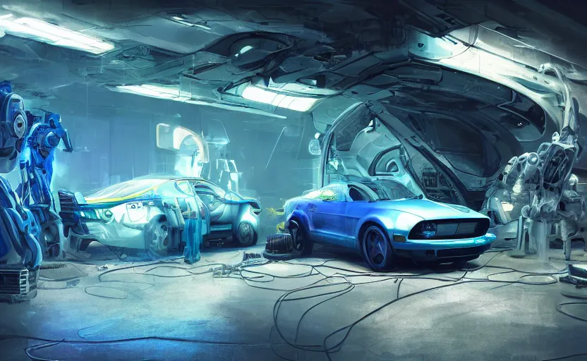 Image similar to close up interior shot, scifi robot repair workshop, one large blue mustang car, full car profile shot with 85mm, futuristic product car shot, neon lights, Craig Mullins, Greg Rutkowski, volumetric light, artstation, octane render