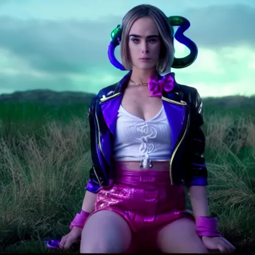 Image similar to cinematic scene with keira nightly as jolyne from jojo's bizarre adventure, live action film, stone ocean, dramatic, small details, volumetric lighting, still frame