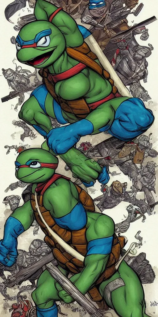 Image similar to Teenage mutant ninja turtle comic book cover illustration by brom