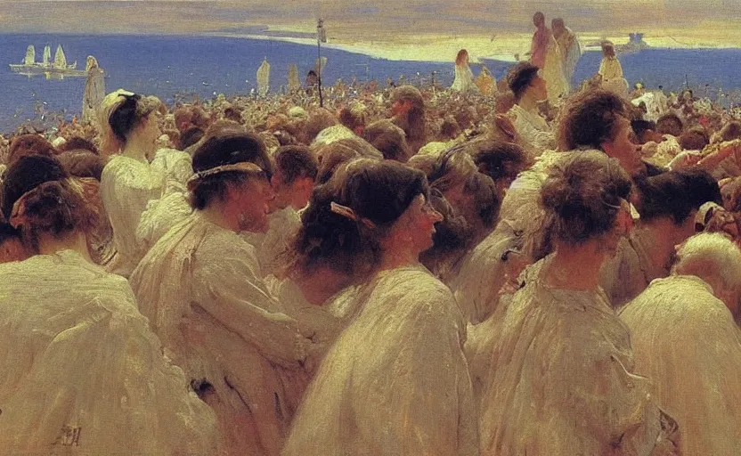 Prompt: high quality high detail painting by ilya repin, a long row of people extending through infinity, hd