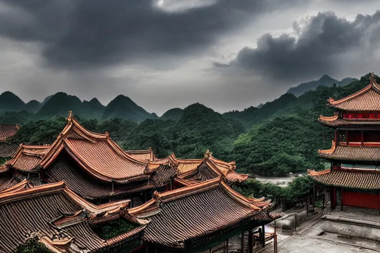 Image similar to Old Chinese architecture in a Chinese valley, dramatic sky, digital art, 4k, 8k, trending on ArtStation