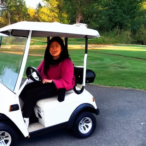 Prompt: momo driving a golf cart. scary photo