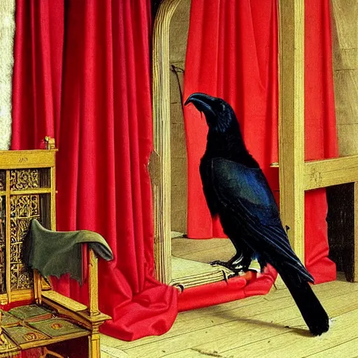 Image similar to a highly detailed painting of a raven, dressed in elegant tudor clothes, inside a room with thick red tapestries, by hans holbein