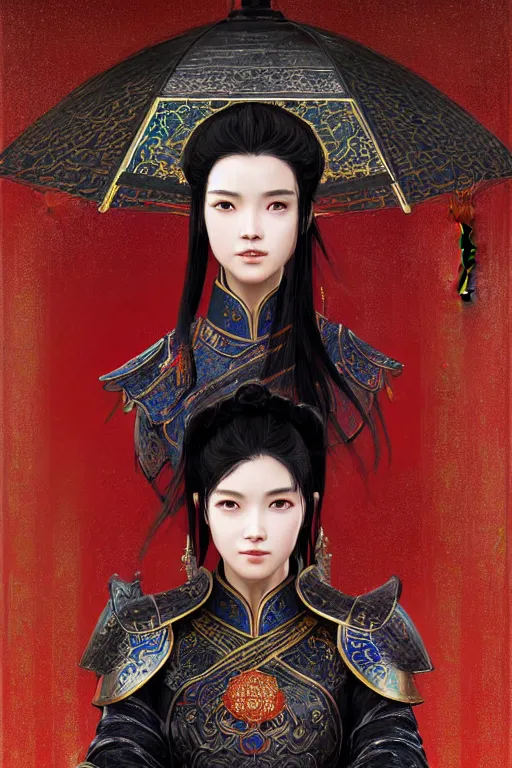 Image similar to portrait black hair young knights of Dynasty Warriors girl, metallic red mirror armor, in ruin chinese temple rooftop heavily rain sunrise, ssci-fi and fantasy, intricate and very beautiful and elegant, highly detailed, digital painting, soft light, artstation, concept art, smooth and sharp focus, illustration, art by tian zi and WLOP and alphonse mucha