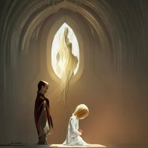 Prompt: Blonde and elegant archangel tall and asleep guarding a child while he prays , Art Deco, Greg rutkowski Trending artstation