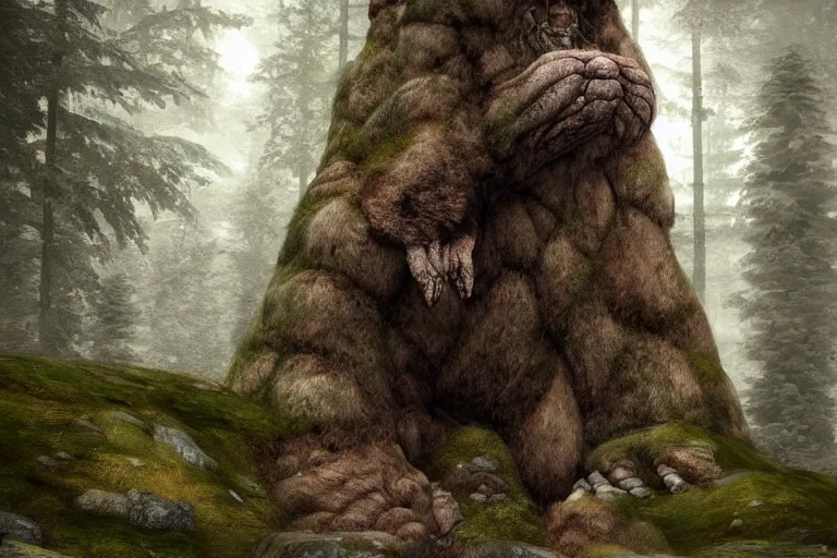 Prompt: huge mountain troll in a swedish forest, very low angle photograph, very detailed, trending on artstation, realistic, soft colors, illustration by john bauer