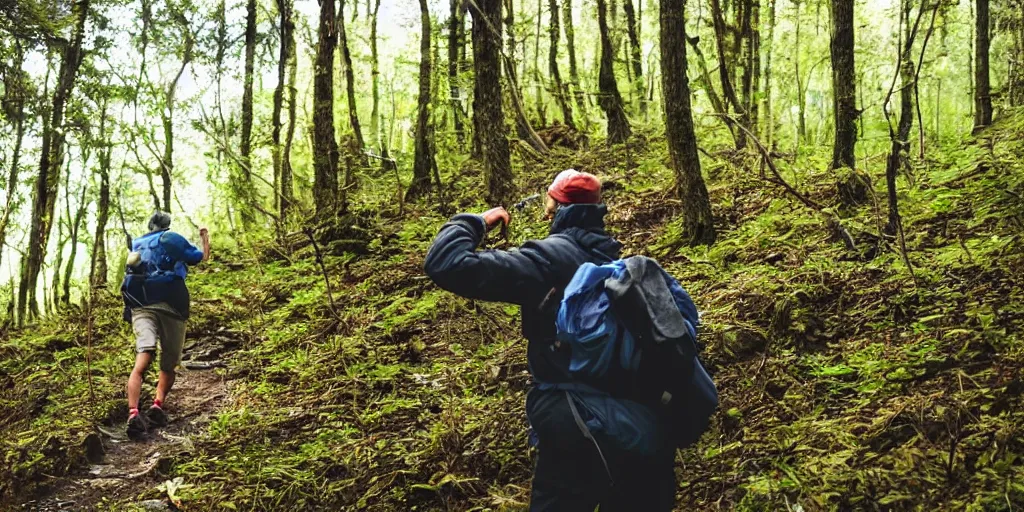 Image similar to a guy hiking up a steep hill with vodka and a cigarette in his hands, photo taken in a forest, guy looks extremely exhausted