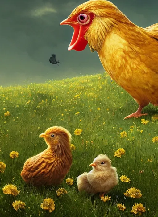 Image similar to a hen and her two cute small yellow chicks on a meadow, mama movie poster by nuri iyem, james gurney, james jean, greg rutkowski, anato finnstark. pixar. hyper detailed, 5 0 mm, award winning photography,