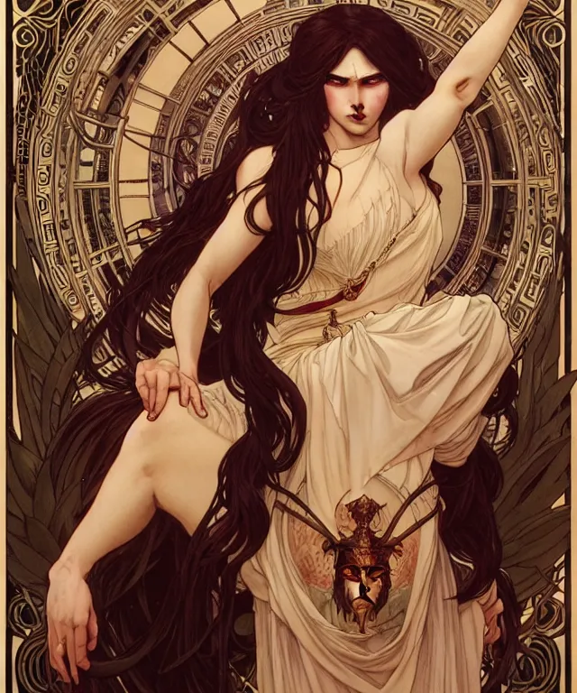 Image similar to a powerful demon witch, portrait, intricate, elegant, highly detailed, 20mm film, smooth, sharp focus, art by artgerm and greg rutkowski and alphonse mucha