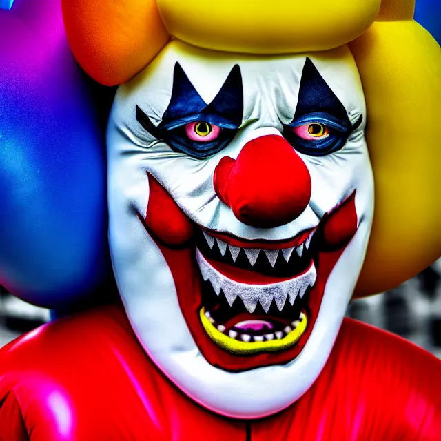 Image similar to scary clown made of bouncy castle, highly detailed, 8 k, hdr, smooth, sharp focus, high resolution, award - winning photo