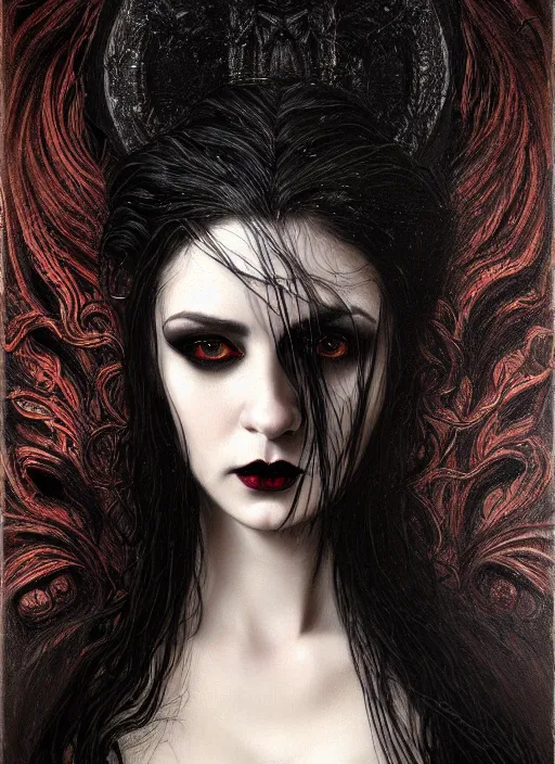 Image similar to highly detailed oil painting | very intricate | cinematic lighting | black, white and blood color scheme, dark background | portrait of a exquisite beautiful vampire woman with long elegant tangles of black hair, eyes, gothic fog ambience, hyper realistic head, fantasy victorian art, in the style of greg rutkowski, zdizslaw beksinski, intricate, alphonse mucha