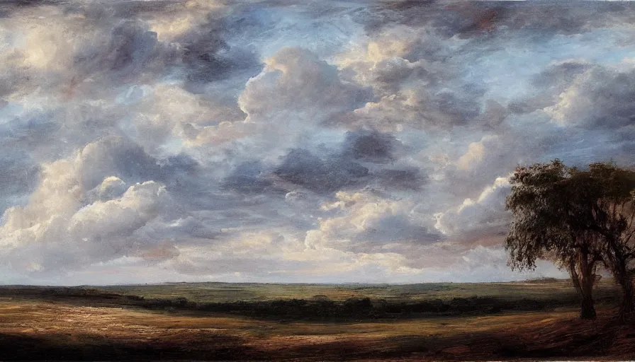 Image similar to landscape by alariko, ilustration flat, chaotic clouds