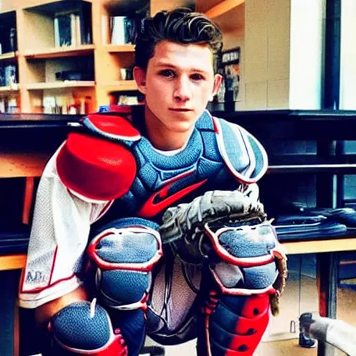 Image similar to “a realistic photo of a guy who is an attractive baseball player man who is part cyborg and part humanoid, who is a robot, Tom Holland”