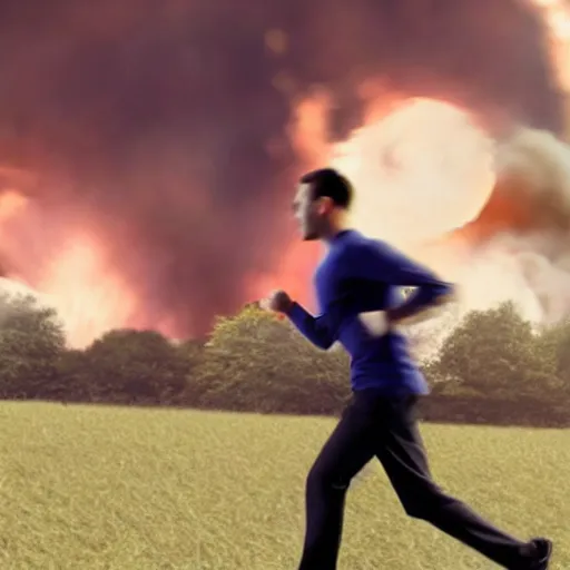 Image similar to cctv footage of a man running across a field, in the background is a large explosion, highly detailed, very realistic.