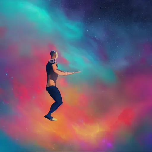 Prompt: wide shot of athletic man, inspiring pose, floating, silhouette, long shot, in a cosmic nebula background, matte colors, very very very dramatic, inspiring digital art trending on artstation