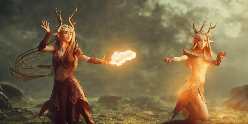 Prompt: a beautiful elven princess casting a fireball anime style, moody lighting, octane render