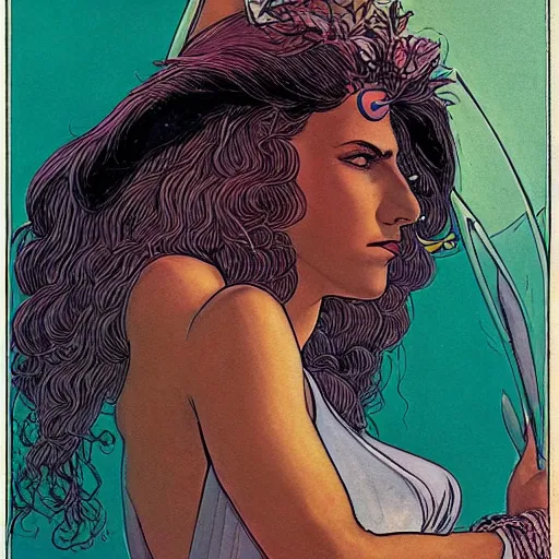 Image similar to half - length portrait of beautiful witch circe in the odyssey, art by moebius