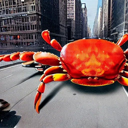 Prompt: A gigantic, huge crab, destroying New York City, photograph, found footage