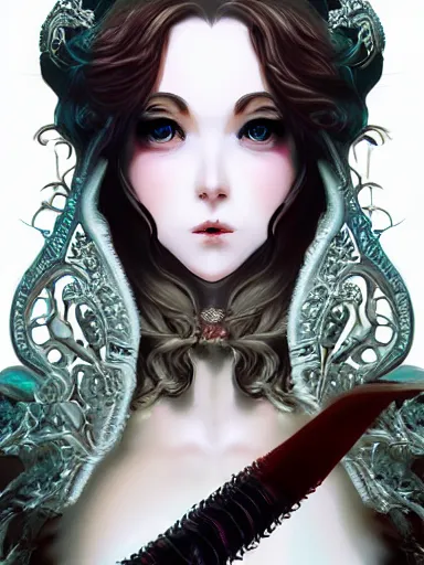 Prompt: a woman's face, baroque style, elegant, beautiful, mesmerizing, concept art, fancy clothing, highly detailed, artstation, behance, deviantart, inspired by innocent manga, inspired by castlevania concept art, trending, ayami kojima, shinichi sakamoto