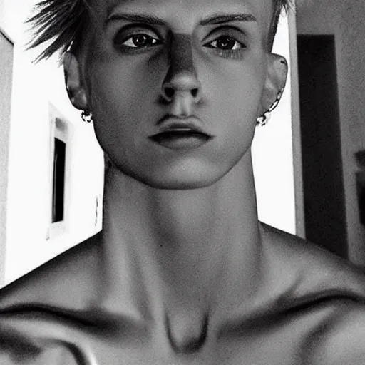 Image similar to “a realistic detailed photo of a guy who is an attractive humanoid who is half robot and half humanoid, who is a male android, rapper Machine Gun Kelly, shiny skin, posing like a statue, blank stare”