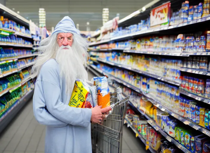 Image similar to photo of Gandalf wearing wizard hat, stacking supermarket shelves, depressing, sad, 85mm f1.8