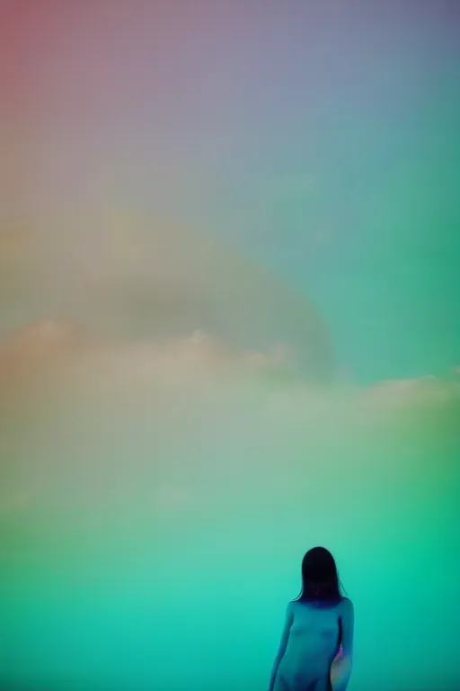 Image similar to high quality pastel coloured film close up wide angle photograph of a model wearing clothing swimming on cloud furniture in a icelandic black rock!! environment in a partially haze filled dreamstate world. three point light, rainbow. photographic production. art directed. pastel colours. volumetric clouds. pastel gradient overlay. waves glitch artefacts. extreme facial clarity. 8 k. filmic.