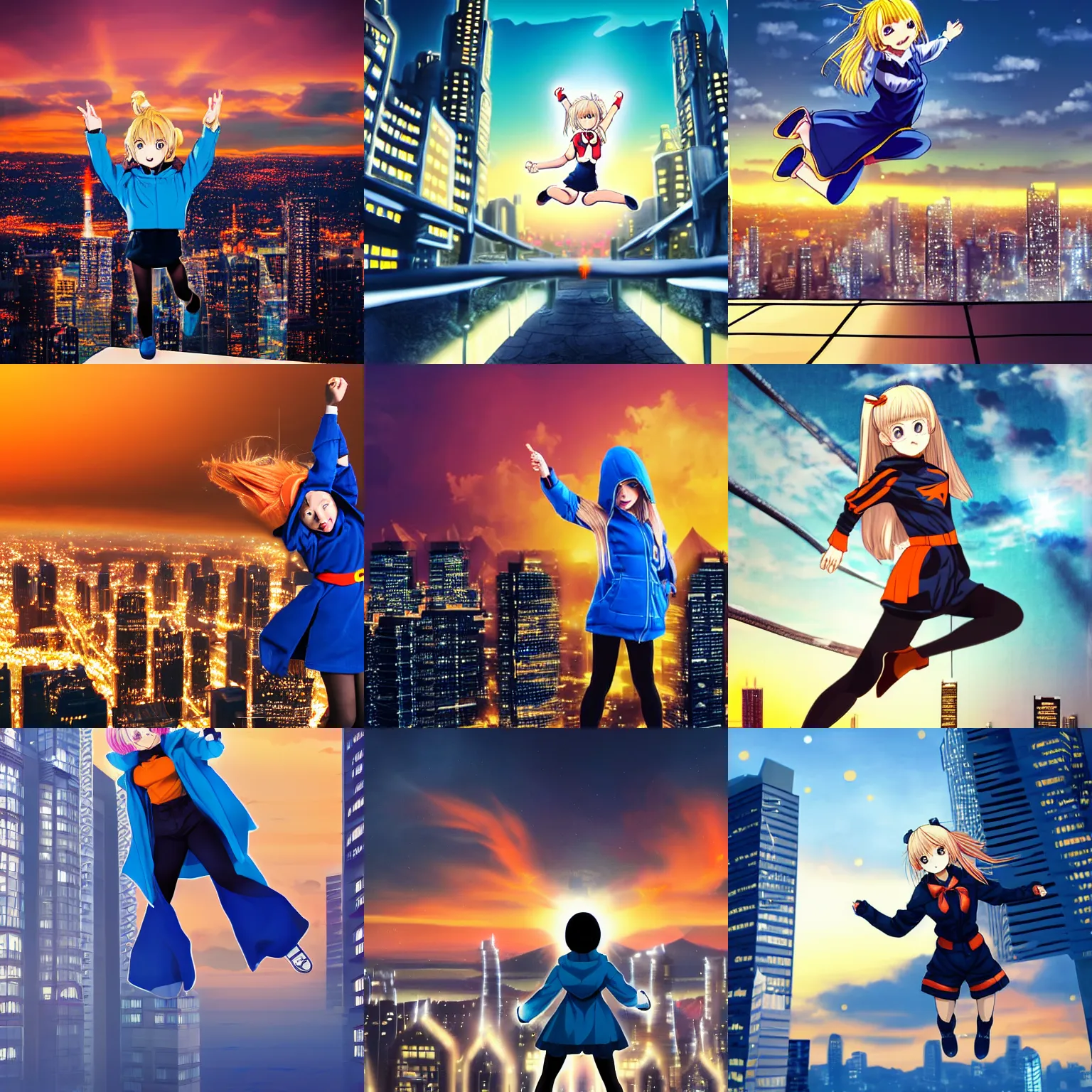 Prompt: A cute manga girl with blond hair and cute pigtails is wearing a blue coat with a hood and black shorts. She is jumping from the tallest building of a big modern city full of lights, doing a superhero pose. The background is an amazing hyper-realistic cinematic scene of sunset with astonishing but faint orange light.