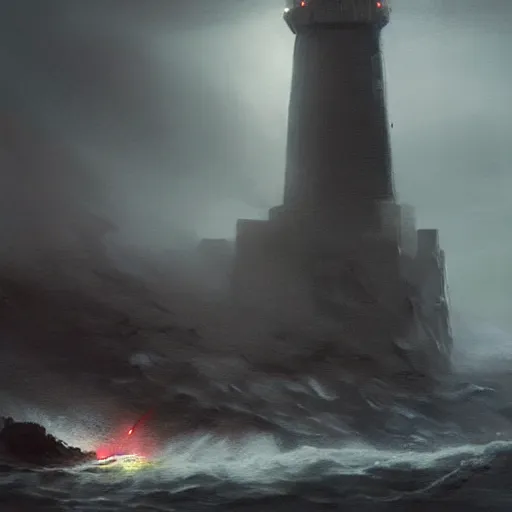 Image similar to star wars concept art by greg rutkowski, a brutalist giant tower in the shape of a lighthouse in the middle of a raging and stormy ocean, lightning storm and gale force winds, dark environment, dramatic atmosphere, artstation hq.