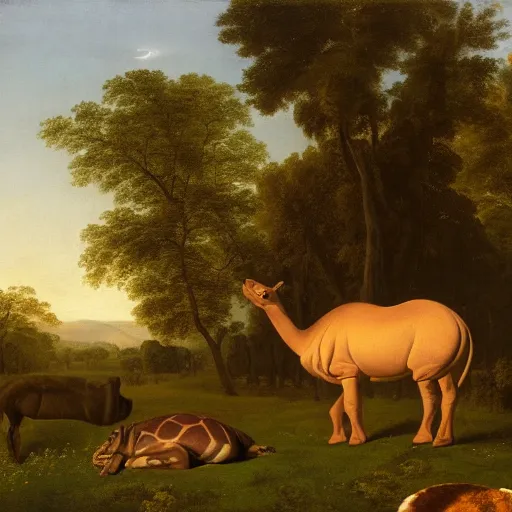 Prompt: oil painting by george stubbs of a man posing with a hippopotamus and a llama in a meadow at dawn.