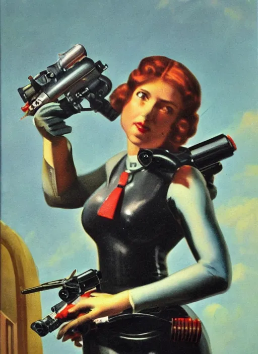 Prompt: a vintage Raypunk painting of a woman holding a raygun blaster, subsurface scattering, life like, intricate detail, 4K HD