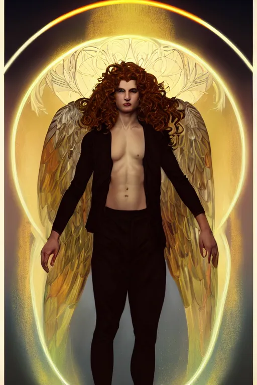 Image similar to symmetrical fullbody portrait of a beautiful young fit male angel with curly blond hairs, fulldressed in long fluent clothes, majestic big red bat wings, luminous fire halo, by greg rutkowski and alphonse mucha, gradient white to gold, in front of an iridescent background, highly detailed portrait, digital painting, artstation, concept art, smooth, sharp focus illustration