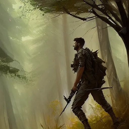 Image similar to male soldier in the forest, by Greg Rutkowski!!!, D&D, fantasy, intricate, elegant, highly detailed, digital painting, artstation, concept art, matte, sharp focus, illustration