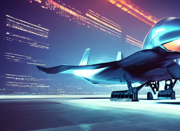 Image similar to futuristic sci fi jet plane arrives at runway of cyberpunk airport at night ,cinematic lighting, realistic photo , concept art