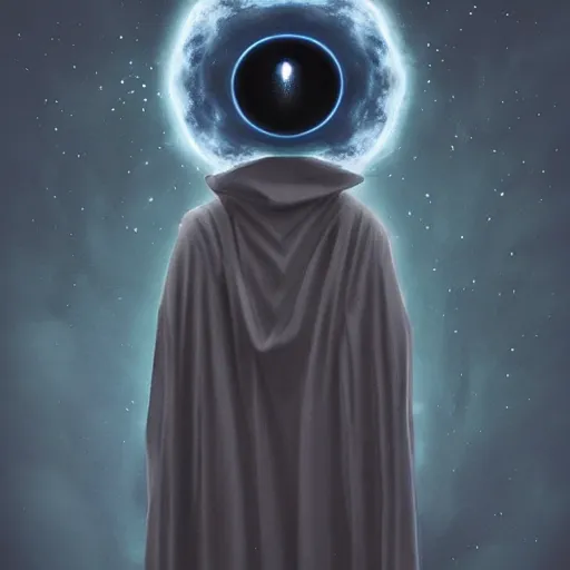 Prompt: award - winning. trending on artstation. 4 k. eerie tone. a faceless astral figure wearing a hooded cape made of the night sky with 1 dark blue glowing eye on its face. full - body. - - seed 4 1 1 7 8 8 9 3 9 1