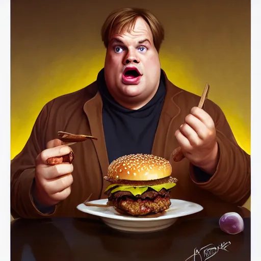 Prompt: portrait of chris farley eating hamburgers, extra onions and ketchup, luscious patty with sesame seeds, ethereal, handsome, d & d, fantasy, intricate, elegant, highly detailed, digital painting, artstation, concept art, matte, sharp focus, illustration, art by artgerm and greg rutkowski and alphonse mucha