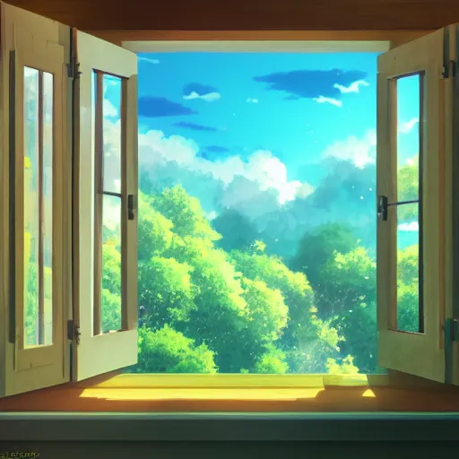 Prompt: a heavenly dream view from the interior of my cozy house from a Makoto Shinkai oil on canvas inspired pixiv dreamy scenery art majestic fantasy scenery cozy window frame fantasy pixiv scenery art inspired by magical fantasy exterior