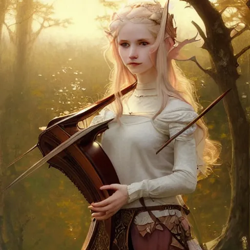 Prompt: elf fairy blond with a beautiful face, holding a lute, wearing a cardigan, highly detailed, intricate, digital painting, artstation, sharp focus, illustration, art by jakub rozalski, greg rutkowski, artgerm, tan zi and ayanamikodon and alphonse mucha and wlop