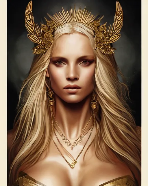 Image similar to tattoo sketch of blonde super model aphrodite greek goddess wearing a gold laurel wreath and triangle earrings, beautiful piercing gaze with sharp pupils, in the style of greg rutkowski, fantasy, amazing detail, epic, elegant, smooth, sharp focus, front view