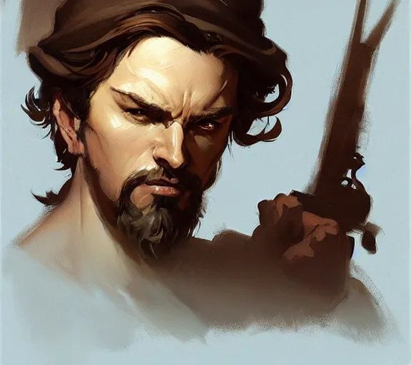 Image similar to greg manchess portrait painting of bard, d & d, fantasy, medium shot, asymmetrical, intricate, elegant, matte painting, illustration, hearthstone, by greg rutkowski, by greg tocchini, by james gilleard, by joe fenton, dynamic lighting, gradient light blue, brown, blonde cream and white color scheme, grunge aesthetic