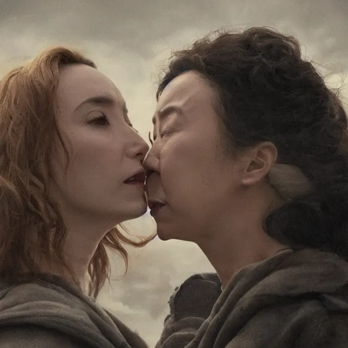 Image similar to jodie comer and sandra oh making out scene in tv series kill eve by greg rutkowski