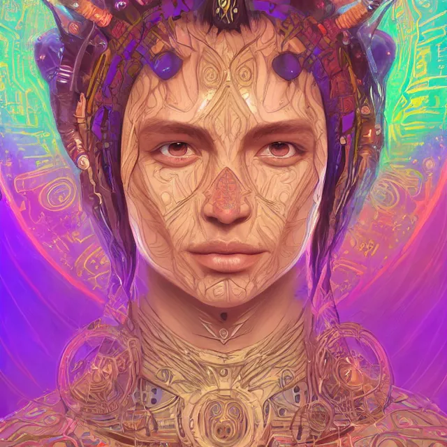 Image similar to portrait of a future metaverse ayahuasca tech shaman warrior, 2 d cartoon, visionary art, symmetric, magick symbols, holy halo, shipibo patterns, sci - fi, concept art, trending on art station, 8 k digital art, by mandy jurgens, fantasy portrait art, anime