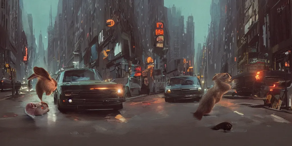 Image similar to a ferret is chasing a rabbit through the streets of new york, warm color palette, night time, dramatic lighting, noir film, fine details, high contrast, blacksad, kim jung gi, greg rutkowski, trending on artstation, 8 k, ultra wide angle