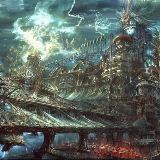 Prompt: painted conceptual art from from final fantasy 7 from the steam punk city midgard as backdrop, by master artist yoshitaka amano